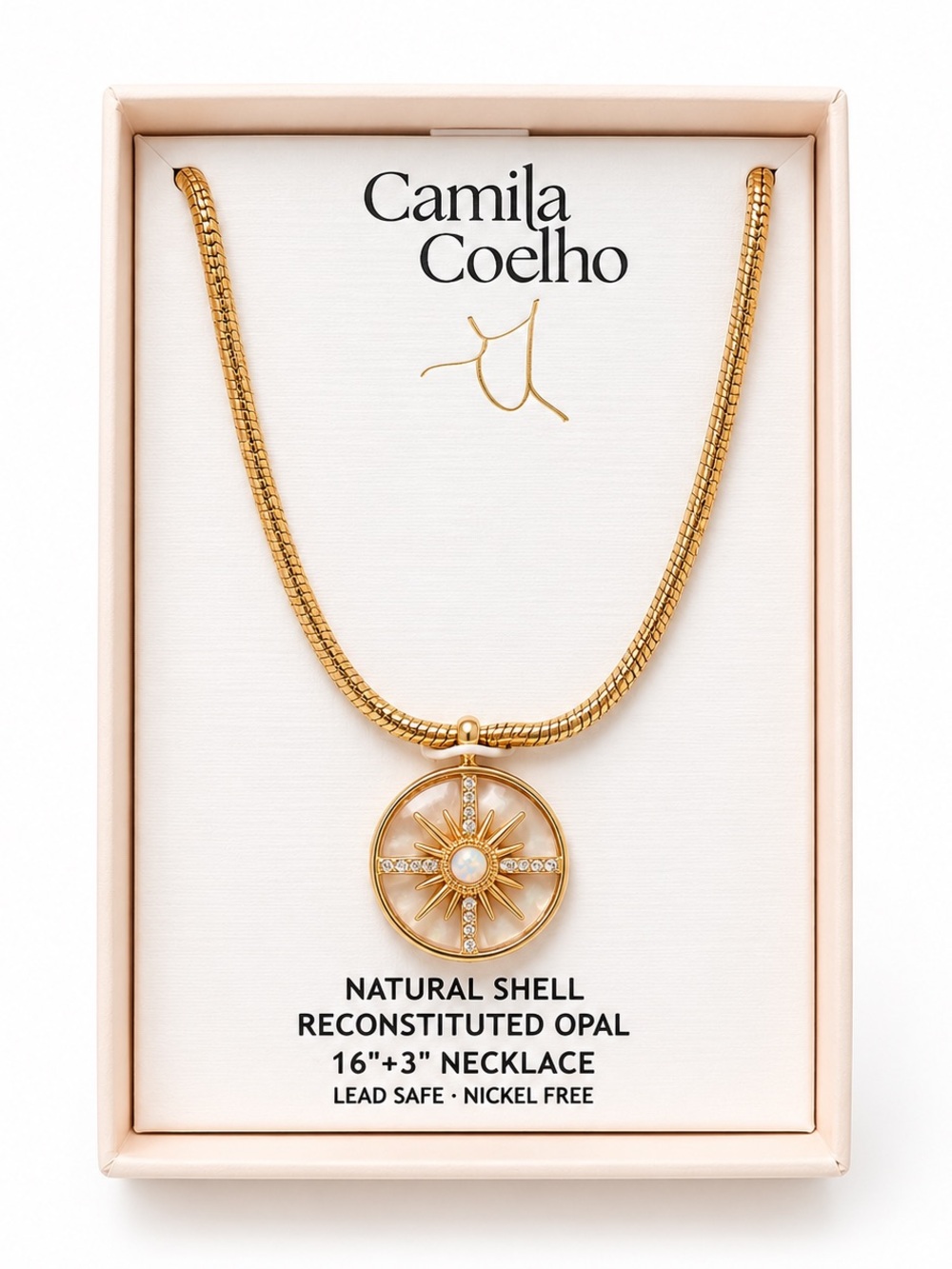 Camila Coelho Natural Shell Opal Pendant Necklace Gold Tone NWT 16+3 Inch
